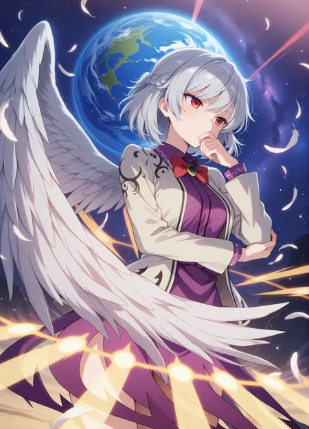 absurdres, highres, masterpiece, best quality, amazing quality, official anime artwork, screencap, anime screencap,  dynamic pose, earth, starry sky, star, danmaku, feather, light particles,
 <lora:Sagume-Kishin_Illustrious:1> kishin sagume, 1girl, solo, red eyes, grey hair, short hair, french braid, single wing,, red bowtie, white jacket, long sleeves, purple dress, 
thinking,