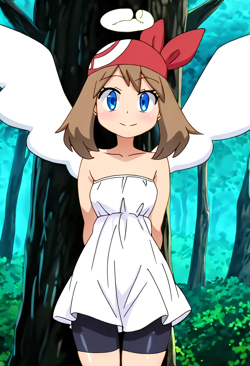 (masterpiece, best quality, good quality, very aesthetic, absurdres, newest:1.2), 1girl, solo, eyelashes, (beautiful eyes), zzMay, may (pokemon), brown hair, blue eyes, medium hair, red bandana, <lora:MayPokemon_NAI:1.0>, Crimvael, solo, dress, bare shoulders, wings, shorts, white dress, tree, strapless, halo, black shorts, bike shorts, strapless dress, angel wings, angel, shorts under dress, smile, looking at viewer, <lora:IshuzokuReviewersNAI:1.0>,