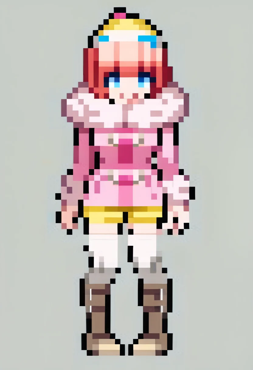 score_9, score_8_up, score_7_up, source_anime, 1girl, standing, smile, looking at viewer, <lora:Leanboox-Sprite-Style-pdxl_Fp:1> simple background, full body, pixel art, <lora:RurukaDR-pdxl:1> ruruDR, short hair, pink hair, blue eyes, beanie, yellow headwear, fur collar, fur-trimmed coat, pink coat, long sleeves, fur-trimmed sleeves, yellow short shorts, white thighhighs, knee boots, brown footwear