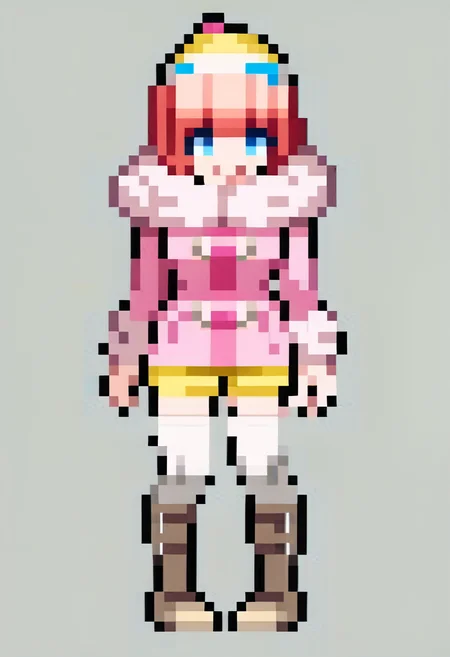 score_9, score_8_up, score_7_up, source_anime, 1girl, standing, smile, looking at viewer, <lora:Leanboox-Sprite-Style-pdxl_Fp:1> simple background, full body, pixel art, <lora:RurukaDR-pdxl:1> ruruDR, short hair, pink hair, blue eyes, beanie, yellow headwear, fur collar, fur-trimmed coat, pink coat, long sleeves, fur-trimmed sleeves, yellow short shorts, white thighhighs, knee boots, brown footwear