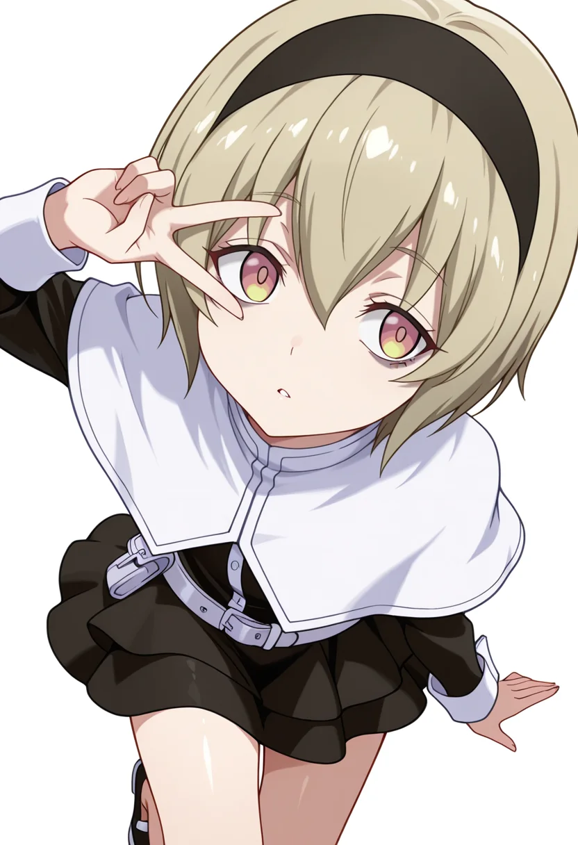 Smooth Quality,masterpiece,very intricate, high quality details, ultra realistic, high detailed skin,detailed enviorement,absurdres,
v over eye,
<lora:Pekora_CNR:0.8> pekora_cnr, 1girl, blonde hair, short hair, bangs, yellow eyes, multicolored eyes, shiny hair black hairband,bags under eyes,pekora_def_cnr, black dress, white capelet, black skirt,white belt, long sleeves, shoes, pouch,, parted lips,, simple background, white background, front view,solo,