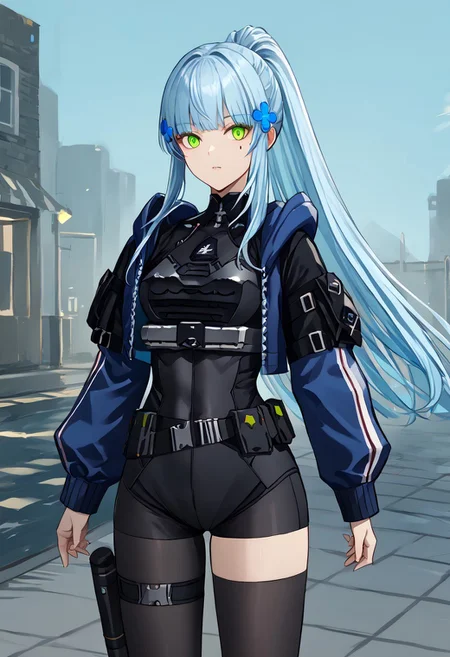 score_9, score_8_up, score_7_up, score_6_up, score_5_up, score_4_up, source_anime, solo, 1girl,
Klukai, light blue hair, long hair, green eyes, ponytail, facial mark, teardrop, hair ornament,
Hk_Pol, alt tactical clothes, cropped jacket, blue jacket, short sleeves, black sleeves, layered sleeves, chestplate, long sleeves, multicolored sleeves, alt bodysuit, black bodysuit, belt, asymmetrical legwear, alt thighhighs, alt black thighhighs,
masterpiece, best quality, very aesthetic, absurdres,