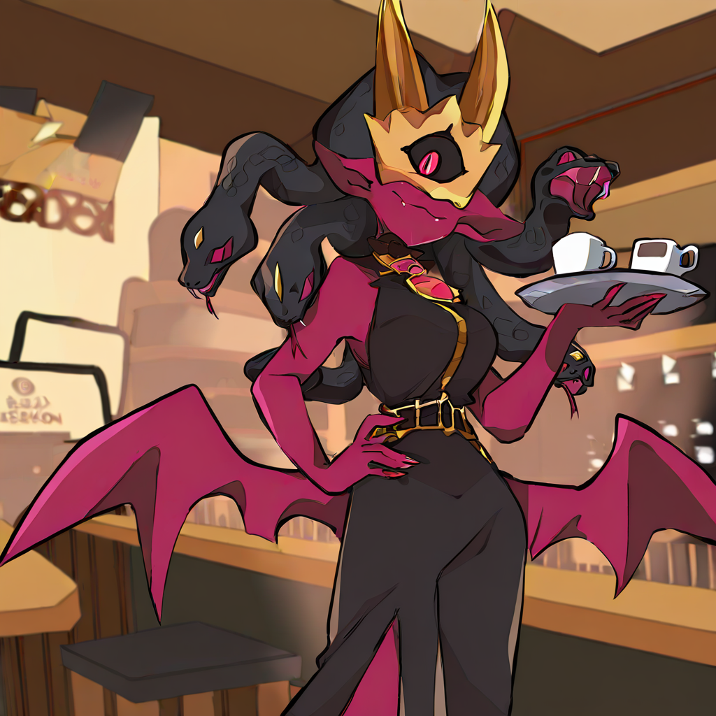 highres, best quality, masterpiece, very aesthetic, newest,1girl,solo,medusamon,snake hair,black snakes,golden horned mask,single eye,pointy ears,fangs artist:hayashikana <lora:MedusamonIllus:1> cowboy shot,dress,low wings,hand on hips,smug,indoors,coffee shop,holding plate,tables,booths