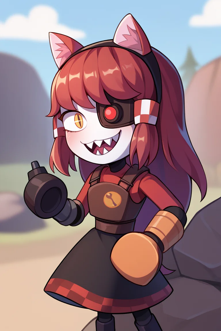 score_9, score_8_up, score_7_up, score_6_up, score_5_up, score_4_up, BREAK, 1girl, solo, <lora:necoarc-guy-PONY-v1:.95>, necoarc, lit pupils, cat ears, chibi, :3, <lora:gijinkaseries_mimisentry_ponyXL:0.9> mimi-sentry, sharp teeth, eyepatch, black dress, outdoors, rock, team fortress 2,
