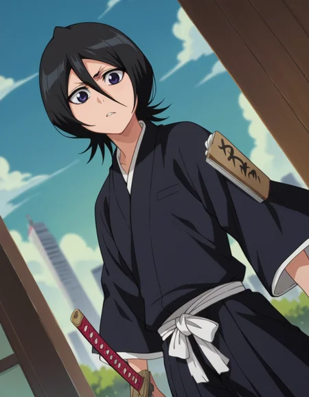 score_9, score_8_up, score_7_up, source_anime,
rukiakuchiki, <lora:rukia-kuchiki-ponyxl-lora-nochekaiser:1>,
rukia kuchiki, black hair, hair between eyes, purple eyes, short hair,
weapon, japanese clothes, sword, kimono, katana, sheath, hakama, black kimono, long sleeves, wide sleeves,
outdoors, cityscape,
looking at viewer, dutch angle, cowboy shot,