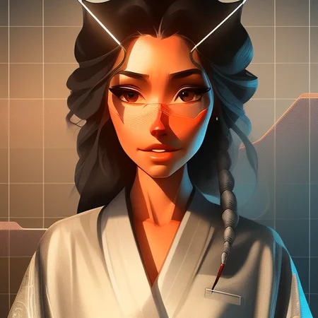 ambrotype full body portrait of a shipshape, stringy, Joyful registered nurse woman, luxurious, evil smirk, with gray braids wearing kimono , digital art, trending on artstation, highly detailed, fine detail, intricate, outrun, vaporware