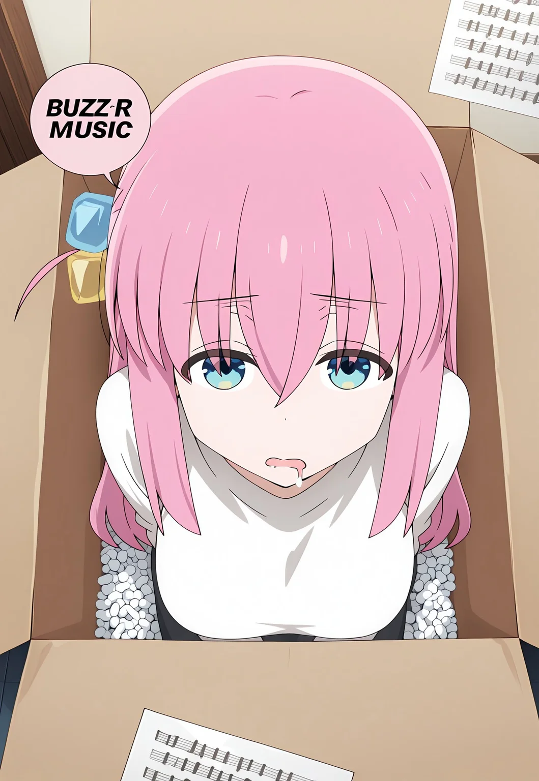 1girl, solo, long hair, breasts, looking at viewer, Hiding in cardboard box, cardboard box, view from above,sheet music on floor,speech bubble,english text, talking, "BUZZ for music" in the speech bubble
BREAK
Bocchi, cube hair ornament, pink hair, long hair, blue eyes, hair between eyes,bangs, sidelockssolo, indoors, ((masterpiece)), sleeping, snoring, drooling, inside cardboard box,packing peanuts,