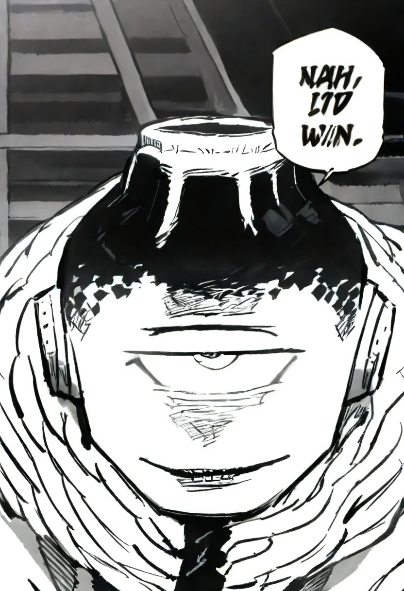 score_9, score_8_up, score_7_up, source_anime, monochrome, portrait, nahidwin, speech bubble, english text, 1boy, jogo,solo, smile, male focus, boots, black and white color,white skin, one-eyed, cyclops, tube ears, scarf,cape, <lora:meme_nahidwin_ponyXL:1>