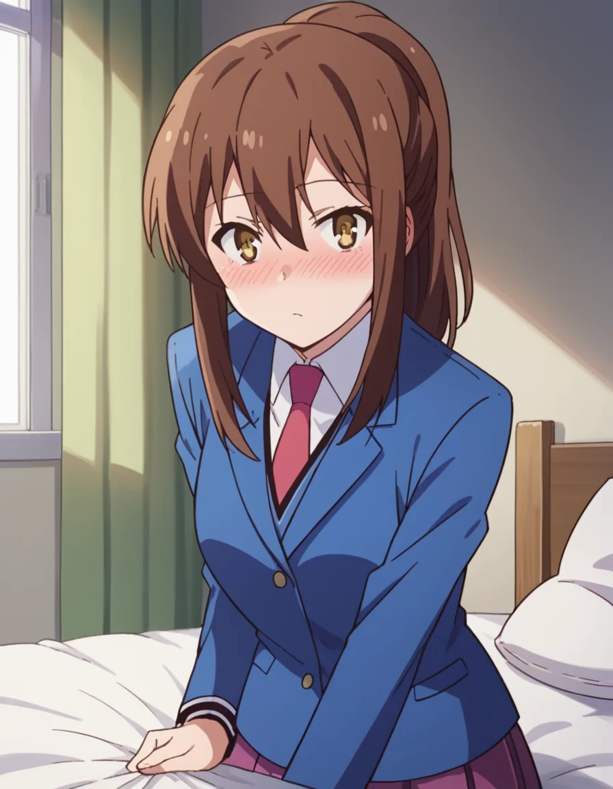 score_9, score_8_up, score_7_up, source_anime,
nanamiaoyama, <lora:nanami-aoyama-s1-ponyxl-lora-nochekaiser:1>,
nanami aoyama, long hair, bangs, brown hair, hair between eyes, brown eyes, ponytail, sidelocks,
skirt, school uniform, jacket, pleated skirt, necktie, blazer,
indoors, bed, bed room, on side, blush, drunk,
looking at viewer, cowboy shot, solo, dutch angle