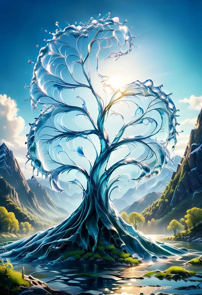 UHD, masterpiece, high quality, extremely details, intricate details, sharp focus, realistic, OverallDetailXL, sss
a tree made of ((water)) ,((ais-wvs)),  lake surrounded by mountains,sun sunlight, sunray ,SauronsTower,
