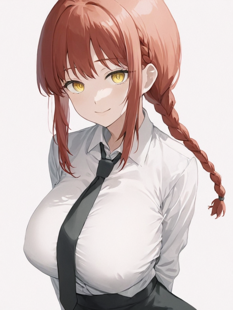 <lora:çå¥ç:1>,1girl, solo, makima_\(chainsaw_man\), shirt, necktie, braid, black_pants, looking_at_viewer, white_shirt, pants, braided_ponytail, breasts, black_necktie, long_hair, white_background, simple_background, collared_shirt, long_sleeves, smile, red_hair, arms_behind_back, yellow_eyes, medium_breasts, bangs, shirt_tucked_in, closed_mouth, ringed_eyes