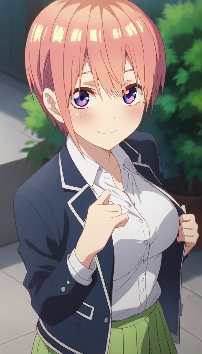 score_9,score_8_up,score_7_up,score_6_up BREAK official art,solo,outdoors,upper body,(portrait:1.5),looking at viewer,facing viewer,smile,blush,nakano ichika,short hair,pink hair,shiny hair,eyebrows hidden by hair,hair between eyes,bangs,purple eyes,school uniform,blue jacket,blazer,wing collar,open jacket,white shirt,collared shirt,dress shirt,long sleeves,medium breasts,green skirt,pleated skirt,black socks,loafers,<lora:Nakano Ichika(tqq)-Pony:1.6>,