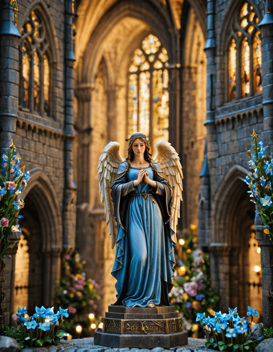 <lora:MW_Minis02xlc:1> absurdres, angel statue, arch, black, blue, bokeh, church arches, closeup, epic, epic details, epic scale, fantasy, flowers, gold, intense, m1md, medieval, medieval city, medieval cityscape, medieval windows, rocks