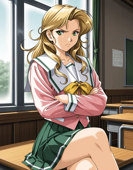 <lora:saku-v9-il-000041:0.75> k40r1, green eyes, serafuku, pleated skirt, green skirt
1girl, solo, school desk, on desk, crossed legs, crossed arms, frown, looking at viewer, window, upper body