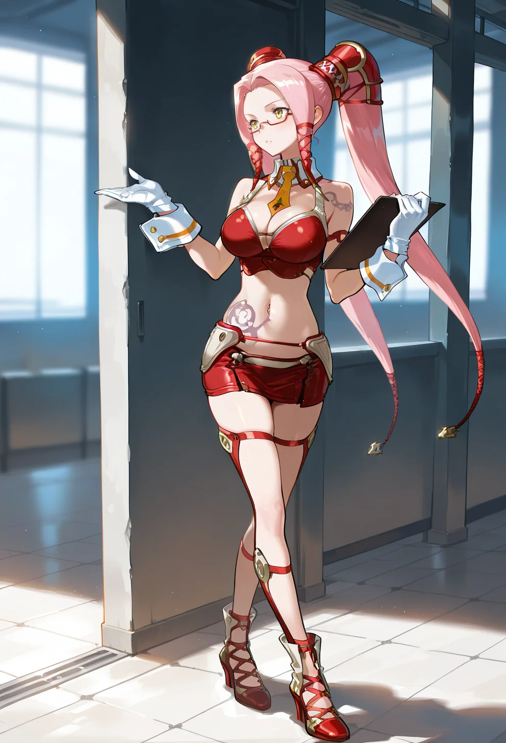 masterpiece, best quality, high quality, anime, solo,
<lora:AEPiIllu:0.9>
AEPi, yellow eyes, pink hair, long hair, sidelocks, twintails, red-framed eyewear, under-rim eyewear, semi-rimless eyewear, glasses, tattoo, hair ornament, detached collar, necktie, bare shoulders, cleavage, crop top, midriff, navel, white gloves, wrist cuffs, panties, miniskirt, red legwear, high heels, red footwear, full body, holding clipboard,standing,
