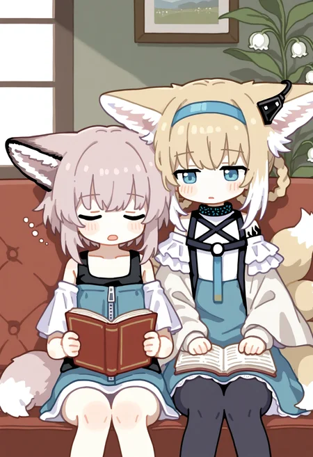 E_0x0194_type2,
sussurro \(arknights\), suzuran \(arknights\), 2girls, animal ears, black pantyhose, blonde hair, blue eyes, blue hairband, blush, book, closed eyes, closed mouth, colored tips, couch, cup, earpiece, flower, fox ears, fox girl, fox tail, grey hair, hairband, holding, holding cup, indoors, kitsune, kyuubi, lily of the valley, multicolored hair, multiple girls, multiple tails, name connection, object namesake, open mouth, pantyhose, reading, short hair, sitting, sleeping, sleeping upright, tail, two-tone hair, white hair
, masterpiece, best quality, good quality,
<lora:ai_styles_collection_noob_vpred-1.0-v5:1>