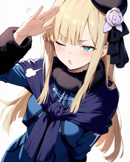 1girl,
ReinesElMelloiArchisorteFateGrandOrder,
safe, solo, dutch angle, upper body,
long hair, blonde hair,
v-shaped eyebrows, blue eyes, one eye closed, teasing, open mouth,
sigh,
fur collar, blue capelet,
hand up, open hand,
blue jacket, breast,
long sleeves, fur-trimmed sleeves,
blue dress,
simple background, white background,
depth of field,
<lora:kp_ReinesElMelloiArchisorteFateGrandAnimagineXL_v1_0:1.0>,
masterpiece, high score, great score, absurdres