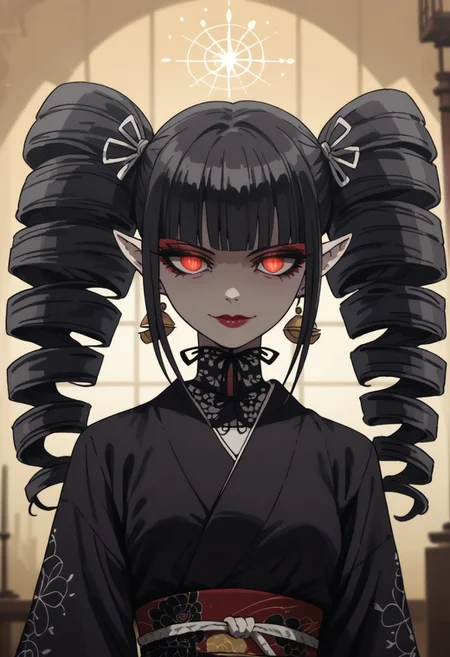 zPDXL3, score_9_up, score_8_up, score_7_up, (Anime_source), 1girl, standing, looking at viewer, Celestia, drill hair, long hair, twin drills, red eyes, black hair, twintails, earrings, jewelry, bangs, lipstick, buttom eyes, eyeshadow, closed mouth, seductive smile, lusty face, Kimono, black Kimono, flowery dress, slit pupils, white pale skin, small black demon horns, pointy ears, glowing eyes, sinozick style, flat color, dark theme, background, interior, bedroom