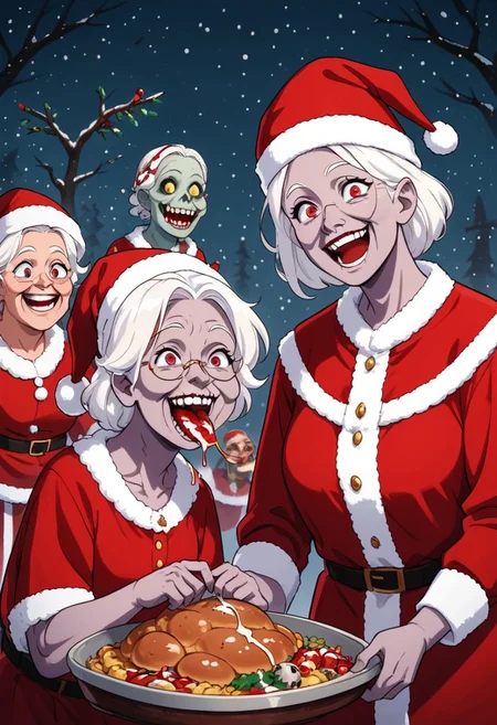 mclaus, white hair, old women, red christmas dress, a zombie old woman eating a brain, pieces of slimy brain are dripping from her mouth, she is smiling, her head is missing part of a skull, her skin is rotten