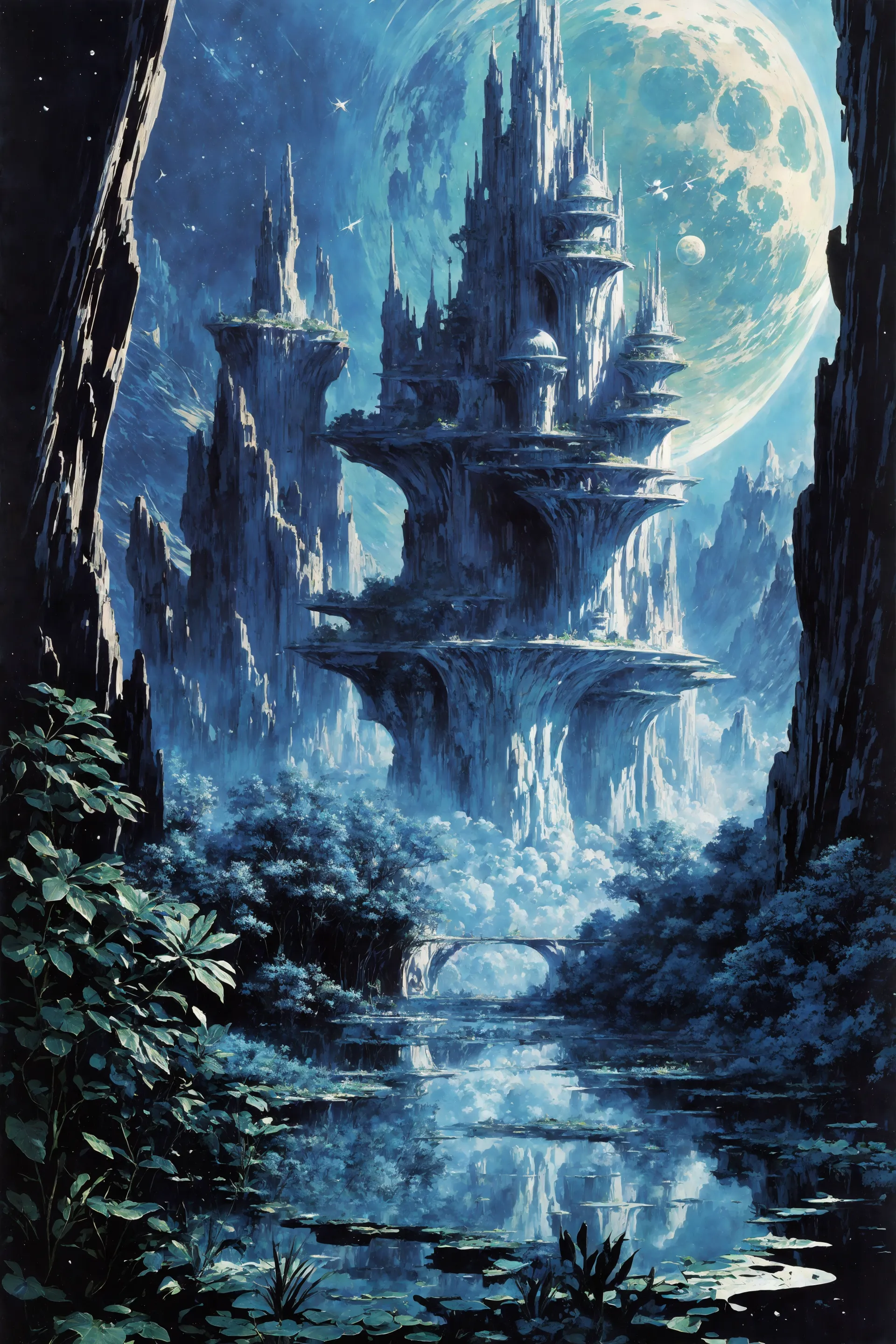 space planet, sun, moon, stars, (big rocks:0.9), (ripples, reflections:0.9), spatial futuristic castle, (small river pond:0.8), space forest, (space village:1.2), (stunning nature aquatic environment:0.8), spaceship, (unknown exotic land:0.9),) (nice alien civilization),  (beautiful space fantasy scifi futuristic landscape:0.9, (very detailed:1.2), (best quality:1.2), sharp focus, high contrast, cinematic lights, backlight, shadows, (lens flare:0.4), (vibrant colors, colorful):0.7, (Primary Blue flowers:0.9) and leaves, <lora:Detail Tweaker LoRA add_detail:0.8><lora:depth_of_field_slider_v1:5>  <lora:SDXLrender_v2.0:0.9> <lora:1970RetroFuturism:0.3> 1970retrofuturism