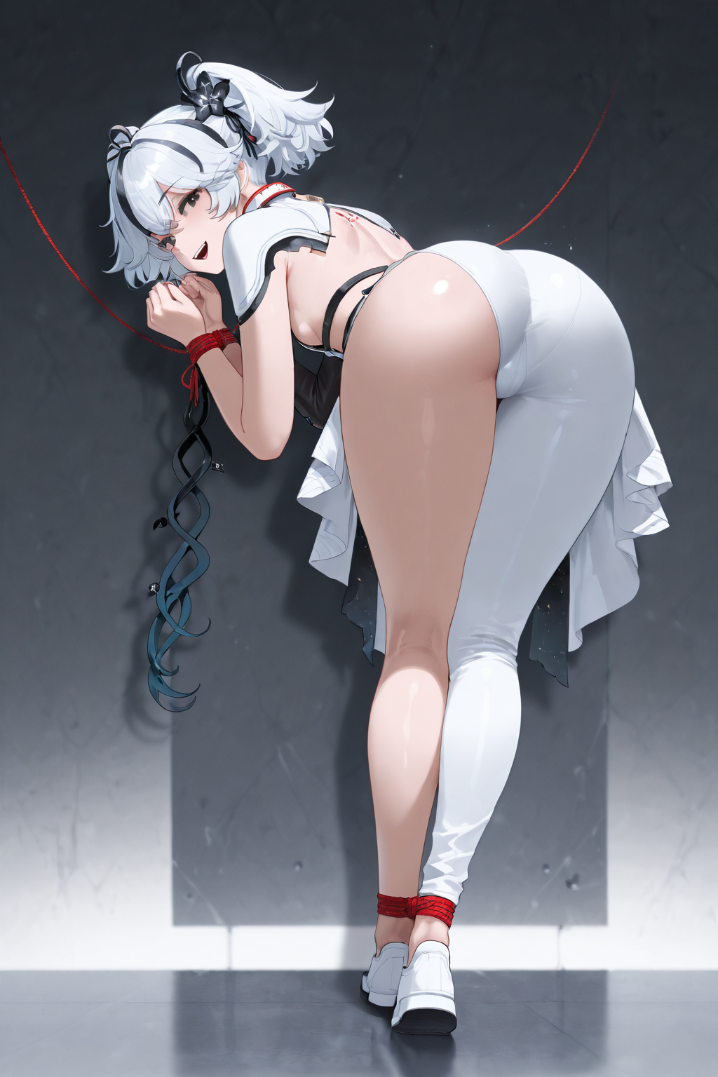 masterpiece,best quality,amazing quality,absurdres, <lora:Camellya_Wuthering_Waves:1>, CamDS, 1girl, ass, asymmetrical clothes, black eyes, black flower, blake bloom \(wuthering waves\), bound, bound wrists, breasts, collar, dress, flower, from behind, full body, hair flower, hair ornament, hair vines, hands up, leaning forward, looking at viewer, looking back, multicolored hair, open mouth, pants, shoes, short hair, sideless dress, single pantsleg, small breasts, smile, solo, standing, streaked hair, white collar, white dress, white hair, white pants, white shoes