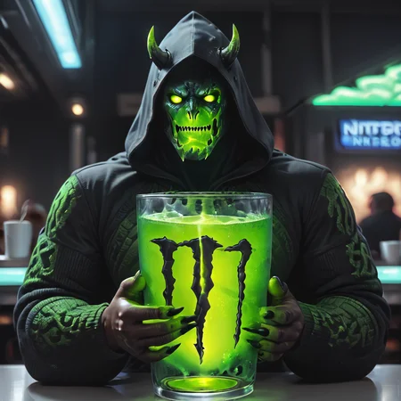 score_9, score_8_up, score_7_up, score_6_up, score_5_up, score_4_up, <lora:MonsterNitroPony:0.8>,NitroEnergy,solo,holding,cup,1man,wearing dark hood,dark backround,huge glowing green glass cup in the midle of the table,holding cup with both hands,long dark demon fingers,dark hands,