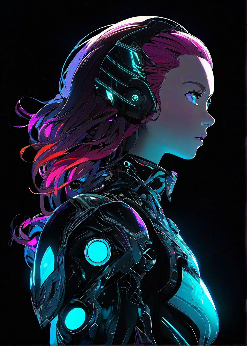 masterpiece, best quality, 1girl, solo, futuristic, intricate, over the shoulder, looking at viewer, black background, simple background, glow in the dark, sci-fi, multicolored hair, aqua eyes, warrior