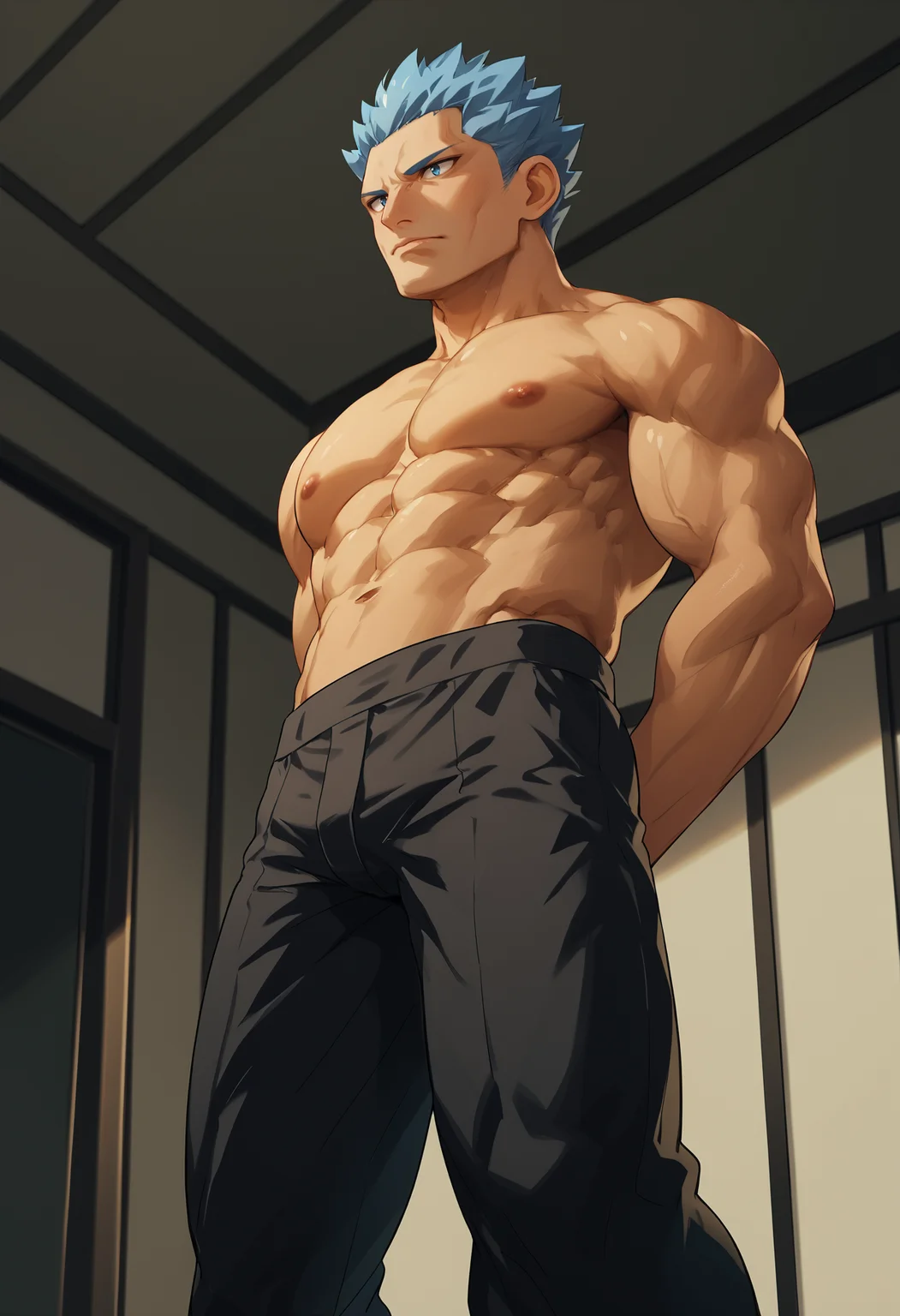 score_9, score_8_up,score_7_up, source_anime, 1boy, solo, akagi,
short hair, blue hair, blue eyes, no eyebrows,
bara, bare pectorals, muscular male, abs, black pants, nipples, stomach, large pectorals, navel, closed mouth, manly, arm behind back, thighs, feet out of frame, bulge, from below, topless male, bare shoulders, bare arms,
<lora:cyrs_pdxl_EliPotV8:1>