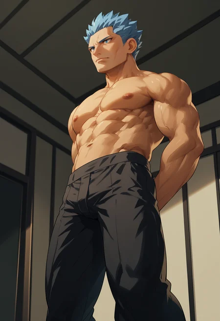 score_9, score_8_up,score_7_up, source_anime, 1boy, solo, akagi,
short hair, blue hair, blue eyes, no eyebrows,
bara, bare pectorals, muscular male, abs, black pants, nipples, stomach, large pectorals, navel, closed mouth, manly, arm behind back, thighs, feet out of frame, bulge, from below, topless male, bare shoulders, bare arms,
<lora:cyrs_pdxl_EliPotV8:1>