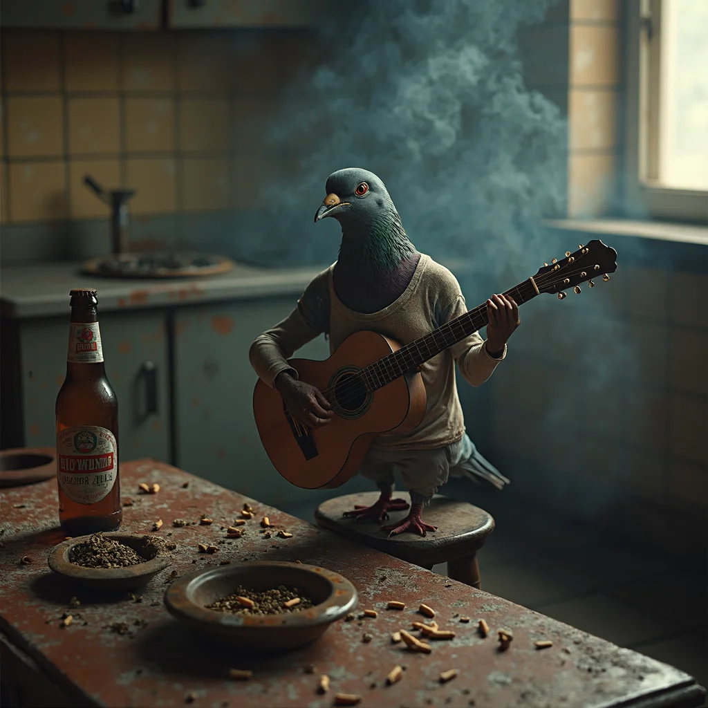 In a dimly lit Soviet-era kitchen, the air is thick with smoke, and cigarette butts overflow from ashtrays scattered across the table. A half-finished bottle of beer sits next to a pile of sunflower seed husks. On a worn wooden stool, a grimy, smoke-stained pigeon perches, wearing a greasy, stained undershirt. Its beady eyes squint as it strums a beat-up guitar, filling the room with a melancholic tune. The peeling wallpaper and yellowed tiles add to the gritty, rundown atmosphere of this surreal scene.