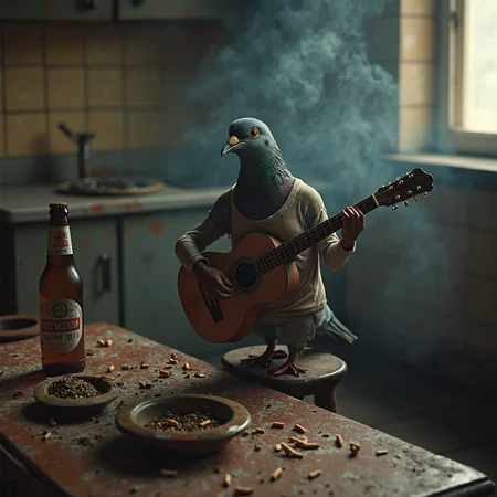 In a dimly lit Soviet-era kitchen, the air is thick with smoke, and cigarette butts overflow from ashtrays scattered across the table. A half-finished bottle of beer sits next to a pile of sunflower seed husks. On a worn wooden stool, a grimy, smoke-stained pigeon perches, wearing a greasy, stained undershirt. Its beady eyes squint as it strums a beat-up guitar, filling the room with a melancholic tune. The peeling wallpaper and yellowed tiles add to the gritty, rundown atmosphere of this surreal scene.