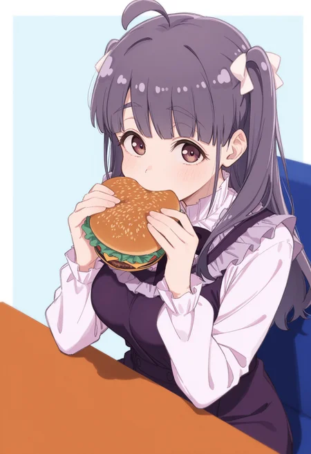 masterpiece, best quality, amazing quality, very aesthetic, high resolution, ultra-detailed, absurdres, newest,  <lora:noriko_chofu:1> chofu noriko, 1girl, two side up, dress, ahoge, <lora:Jerma985 Eating A Whopper:1> jeiw, holding burger, eating, looking at viewer, upper body, sitting