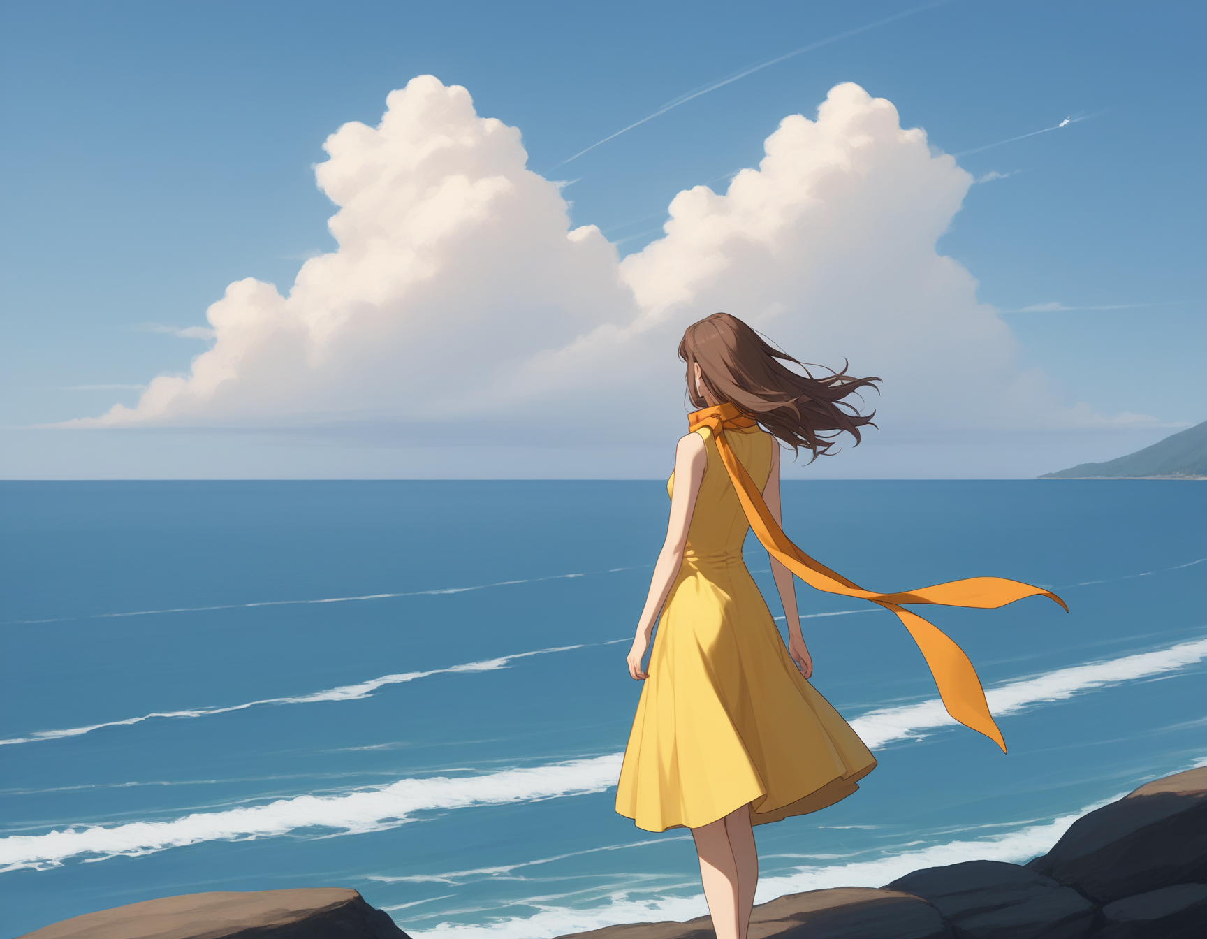 score_9, score_8_up, score_7_up, 1girl, solo, re1kam1shima,game cg, brown hair, facing away, floating hair, wind, floating hair, long hair, standing, orange scarf, long scarf, floating scarf, yellow dress, sleeveless dress, long dress, turtleneck dress, long sidelocks, day, cloudy sky, cliff, waves, ocean,<lora:Reika_Mishima_Pony_v2:1.0> ,  outdoors, from behind, from side,