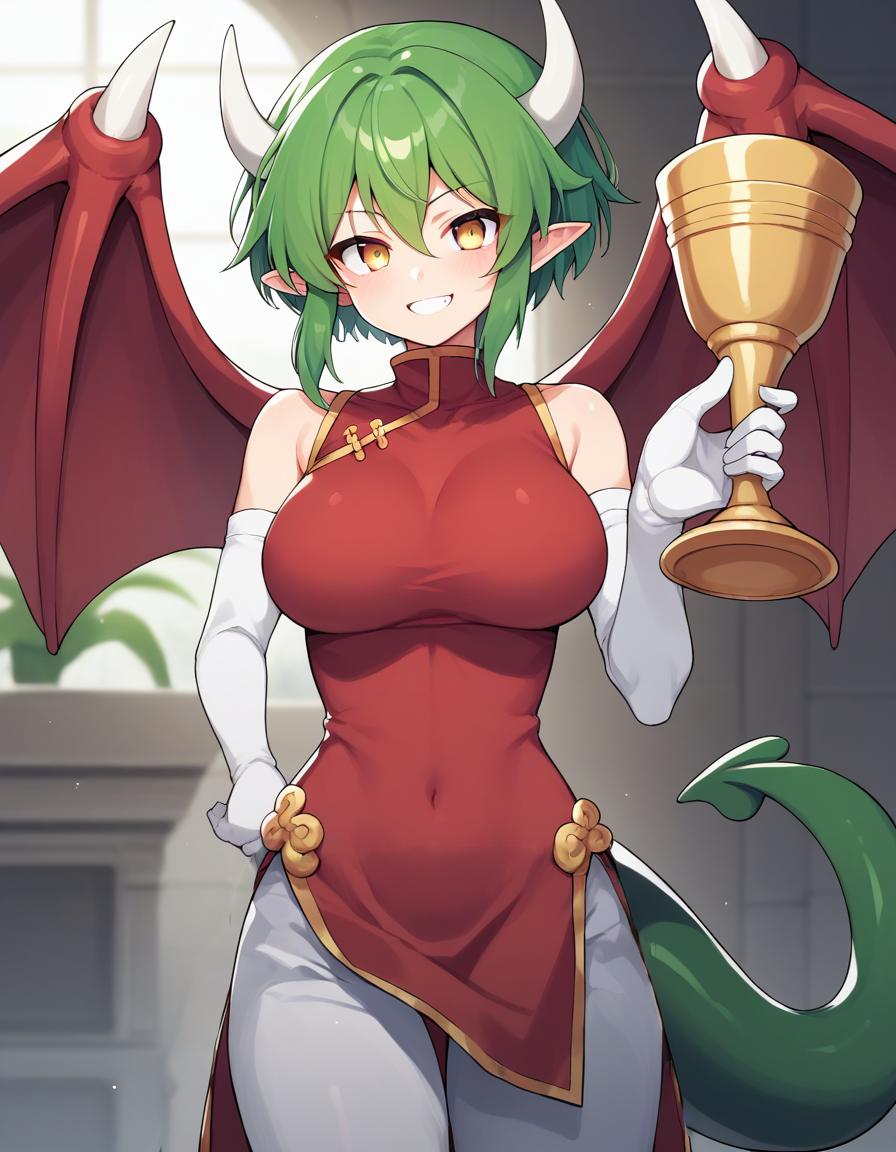 <lora:Pdraco_SDXL_pony_fp16_v01:1>,PdoracoR, 1girl,green hair, red dragon wings,dragon tail,yellow eyes,large breasts,green hair,short hair,red china dress, white gloves, white pants,  holding trophy,v, light smile,, score_9, score_8_up, score_7_up, BREAK source_anime, rating_explicit, best quality, masterpiece, uncensored, [pony diffusion V6 is trained by PurpleSmartAI:100]