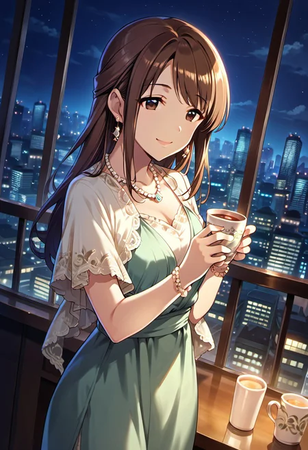 score_9, score_8_up, score_7_up, source_anime,mifune miyu, brown hair, brown eyes, long hair, 1girl, jewelry, solo, necklace, bracelet, earrings, dress, smile, cup, night, window, cityscape