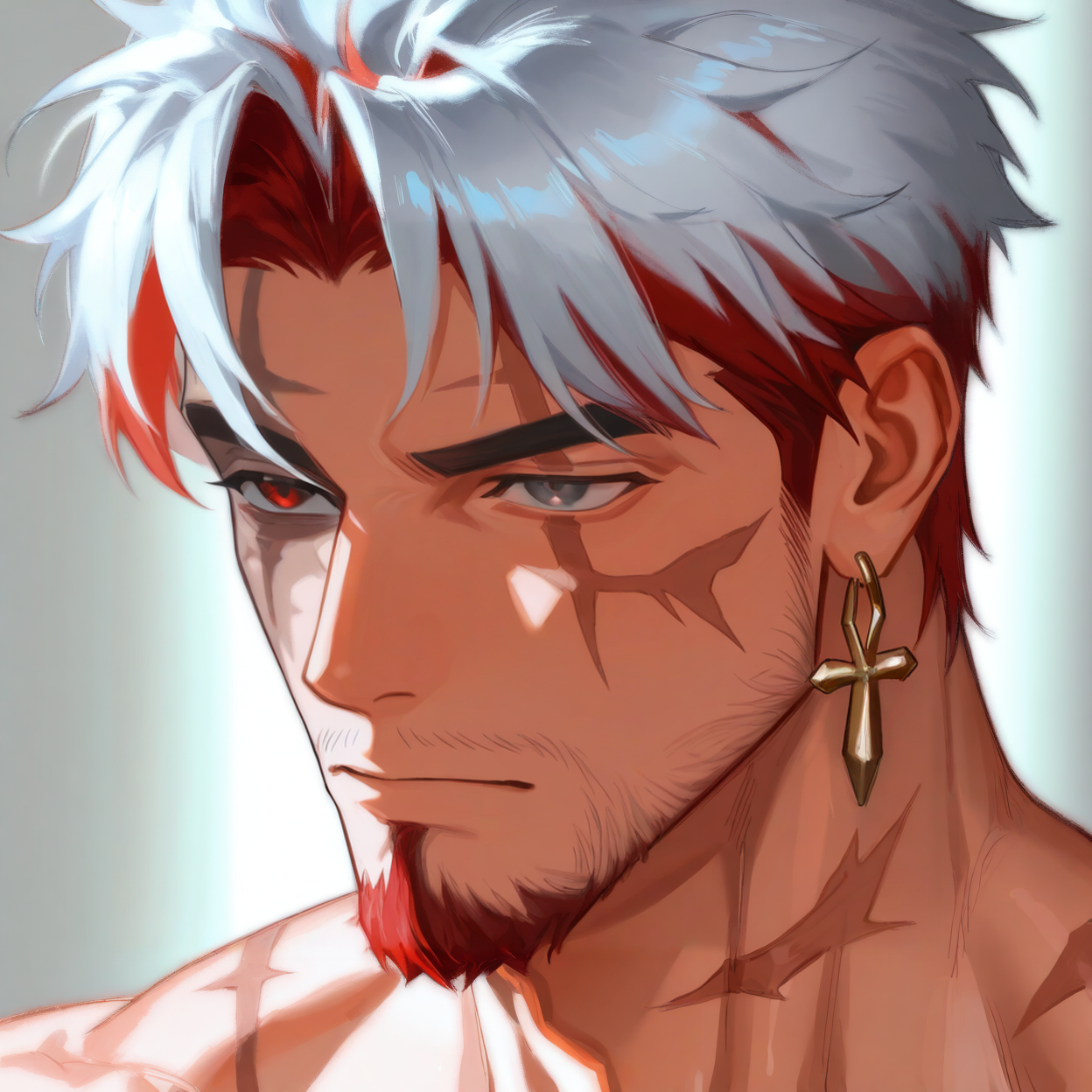 <lora:Scar:.8> scar_wuwa, multicolored hair, white hair, red hair, heterochromia, red eyes, grey eyes, earrings, scars
face focus, close-up, 
(very short hair, beard, bara, mature, facial hair, stubble, beard, full beard, sideburn, beard, a lot of beard, ), facial hair,male focus, muscular male, muscular male, bara, mature,  bara, mature, aixiwuganda_(20222192), very awa, masterpiece, best quality, absurdres, newest, perfect quality, detailed background, intricate details,
<lora:slider_Body Type_alpha1.0_rank4_noxattn_last:3><lora:style_Anime Summer Days 2 Style SDXL_LoRA_Pony Diffusion V6 XL:.6><lora:slider_cfg_scale_boost:.7><lora:Artist6p:.55>, Artist6p, Artist04p,<lora:slider_il_brightness_slider_d1:-1><lora:slider_il_contrast_slider_d1:-1><lora:slider_DarkSlider1.2_alpha1.0_rank16_full_300steps:-.6>
