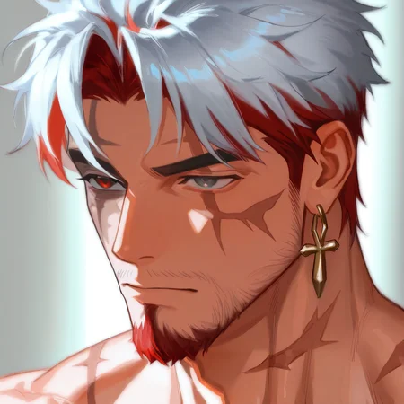 <lora:Scar:.8> scar_wuwa, multicolored hair, white hair, red hair, heterochromia, red eyes, grey eyes, earrings, scars
face focus, close-up, 
(very short hair, beard, bara, mature, facial hair, stubble, beard, full beard, sideburn, beard, a lot of beard, ), facial hair,male focus, muscular male, muscular male, bara, mature,  bara, mature, aixiwuganda_(20222192), very awa, masterpiece, best quality, absurdres, newest, perfect quality, detailed background, intricate details,
<lora:slider_Body Type_alpha1.0_rank4_noxattn_last:3><lora:style_Anime Summer Days 2 Style SDXL_LoRA_Pony Diffusion V6 XL:.6><lora:slider_cfg_scale_boost:.7><lora:Artist6p:.55>, Artist6p, Artist04p,<lora:slider_il_brightness_slider_d1:-1><lora:slider_il_contrast_slider_d1:-1><lora:slider_DarkSlider1.2_alpha1.0_rank16_full_300steps:-.6>