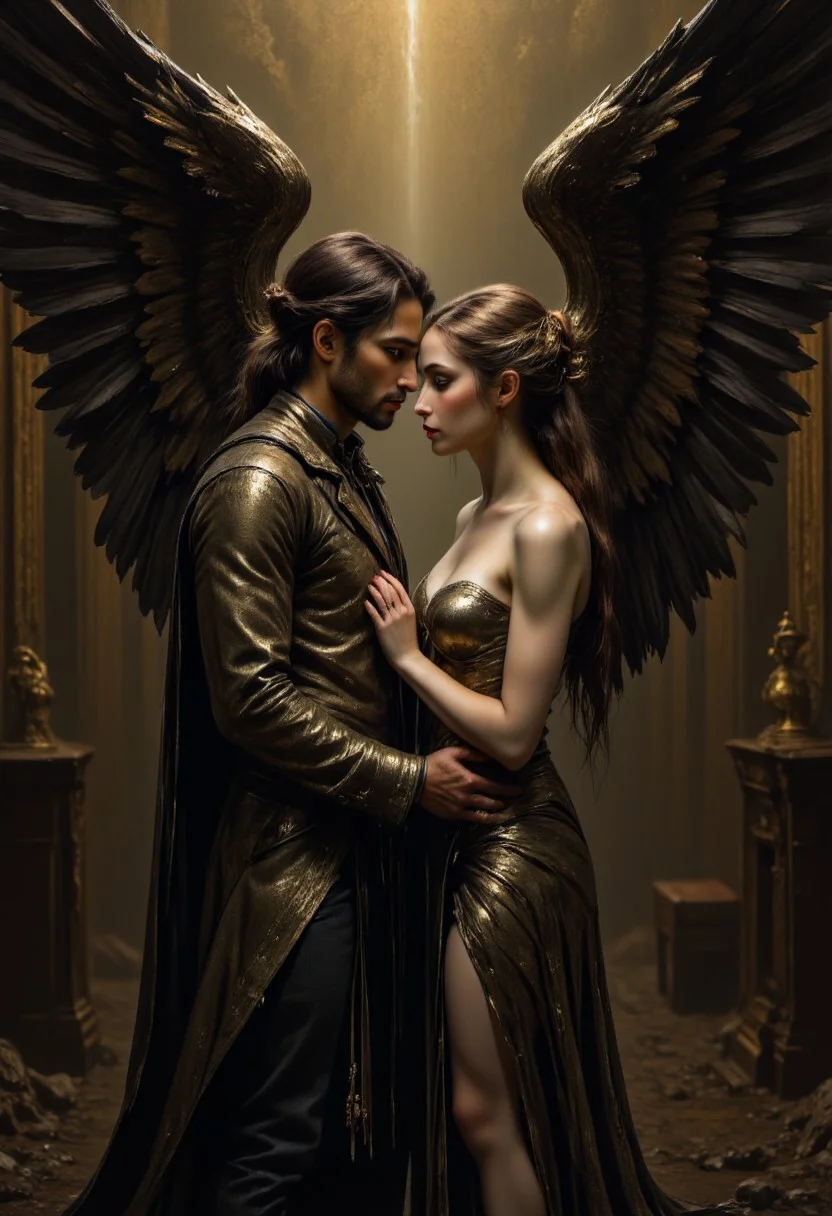zavy-drkcnmtc, in atmospheric haze with low-key lighting and cinematic darkness, depict the archangel Samuel, ruler of the second heaven and punisher of the fallen angels, standing alongside his enigmatic wife Lillith, the mother of monsters. Show Lillith as a stunningly beautiful figure, wrapped in a majestic serpent that coils around her body. One of her arms is gently draped around Samuel's waist, while the other hand holds a crisp, red apple, its surface bearing the subtle imprint of her teeth. Samuel's expression is stern and authoritative, yet his eyes betray a hint of warmth and affection for his mysterious companion. His wings are spread wide, radiating a soft, ethereal glow that illuminates the surrounding atmosphere. In the background, the shadows of the abyss whisper hints of the fallen angels' fate, a reminder of Samuel's unyielding duty as a guardian of the divine order.
