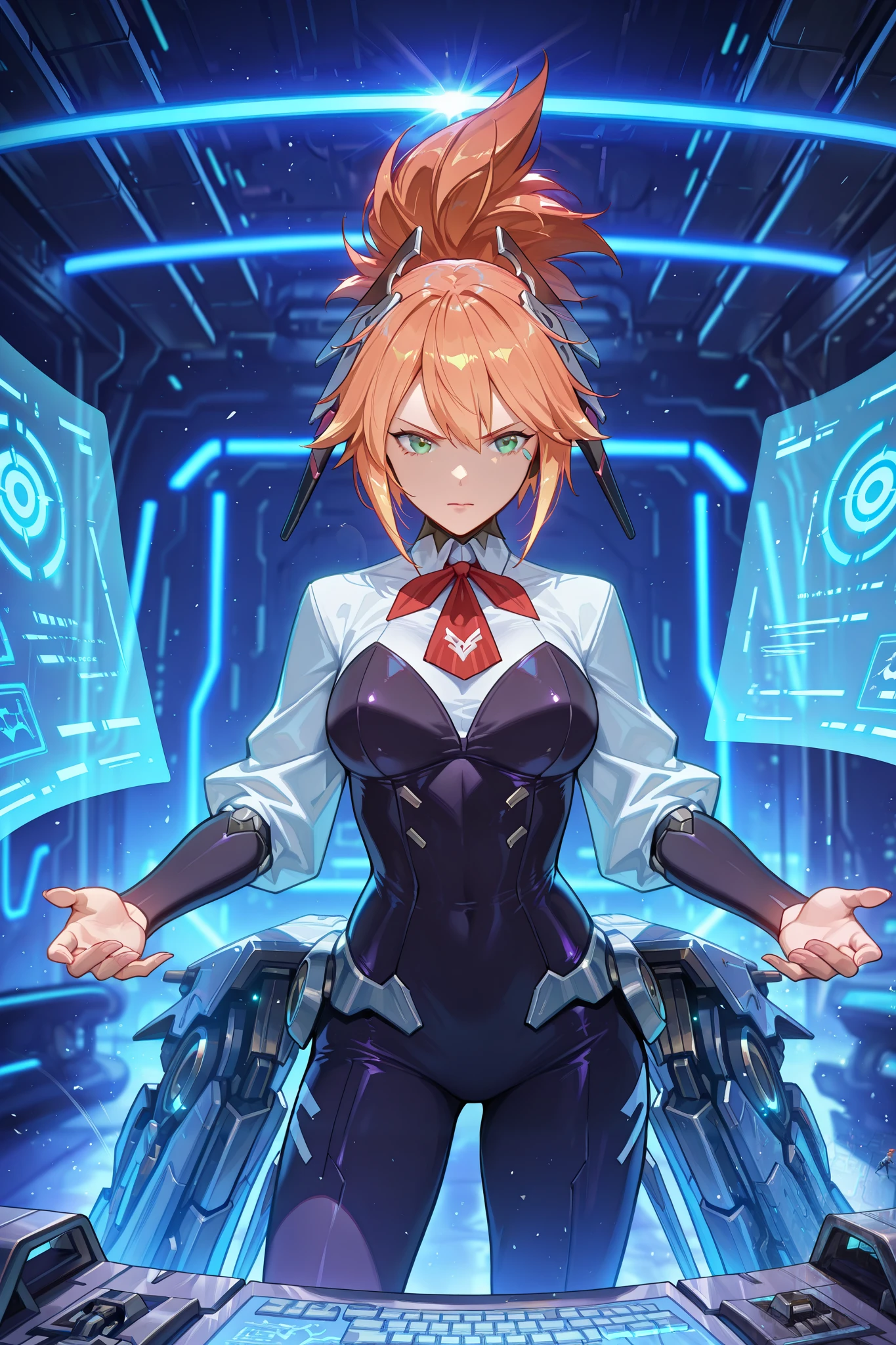 Masterpiece, best quality, ultra-detailed, high resolution, absurdres, cinematic, dynamic pose,  
1girl, fannyaspirant, orange hair, ponytail, sidelocks, bangs, green eyes, headgear, red necktie, bodysuit, mecha sheath, 
standing in a futuristic control room, blue holographic interface glowing, serious and focused expression, fingers typing over hologram controls, sci-fi interface details, high-tech aesthetics, neon lighting, cyberpunk ambiance, cinematic lighting, dynamic perspective, depth of field, slight lens flare  
