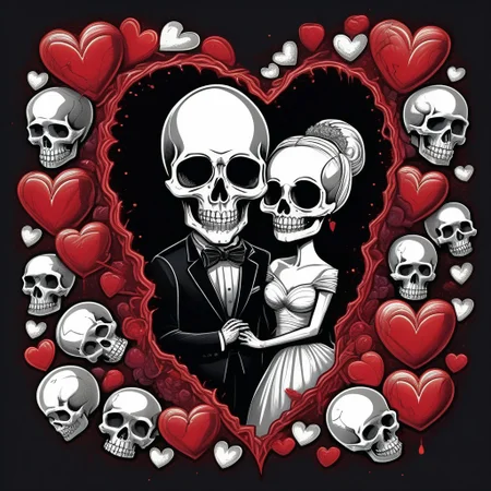 surreal lowbrow art style. a bride and groom skulls surrounded by anatomically shaped love hearts. Black background. Blood red. Vector Cartoon Illustration
