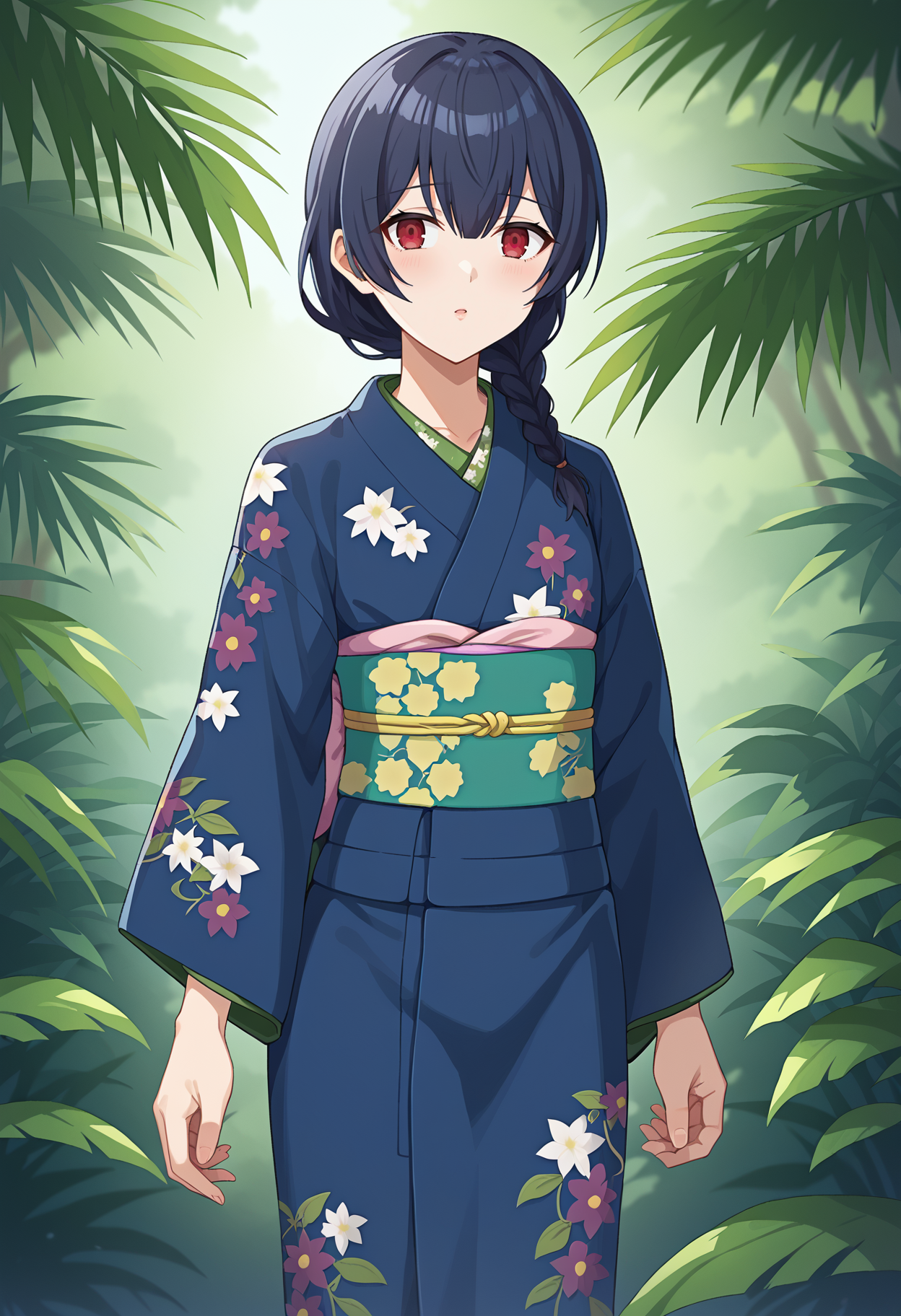 score_9, score_8_up, score_7_up, BREAK source_anime, 1girl, morino rinze, dark blue hair, (braided hair:1.2), red eyes, blue kimono, floral print, guilt, cowboy shot, jungle <lora:hskc-rinze-pony-v0.5:0.8>