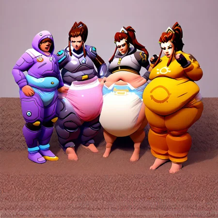 brigitte, overwatch, fat, female, diaper, puffy diaper, big diaper, waddle, huge diaper, chubby, onesie, massive diaper, confident, skintight bodysuit, anime, anime artsyle, weight gain, fat legs, armor, pauldrons,