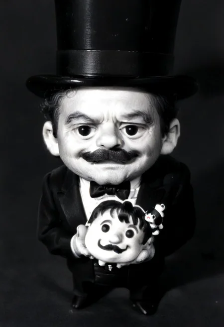 ((((((black and white,chibi)))))),((small man with mustache, top hat, kenbis, chibi, chibi, male only, male, male chibi, monocle, art deco, thick mustache, comically large mustache, handlebar mustache, tiny, multiple men, shrunk, microxl, some little guys, high angle, from above)), bwMovies, realistic, photo, vintage photo, ((very small man, small man, a small man, a man who is small, a small man)), an unapologetically small human male, black and white, smiling, very happy, euphoric, ecstatic, wonderful small men, large smile, huge smile