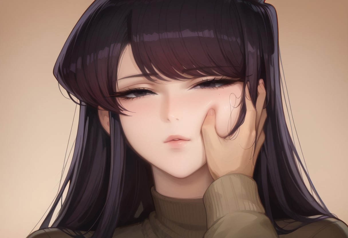 source_anime, score_9, score_8_up, score_7_up, score_6_up, high quality,(best quality:1.1), 4k, 8k, masterpiece, uncensored, good_hands, Expressiveh, 4RCH0N, 1girl, solo, shouko komi, long hair, bangs, black hair, black eyes, half-closed eyes, virgin destroyer sweater