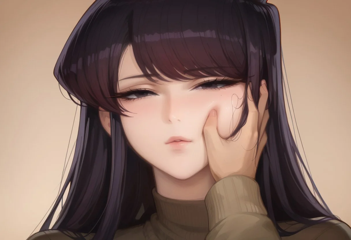 source_anime, score_9, score_8_up, score_7_up, score_6_up, high quality,(best quality:1.1), 4k, 8k, masterpiece, uncensored, good_hands, Expressiveh, 4RCH0N, 1girl, solo, shouko komi, long hair, bangs, black hair, black eyes, half-closed eyes, virgin destroyer sweater