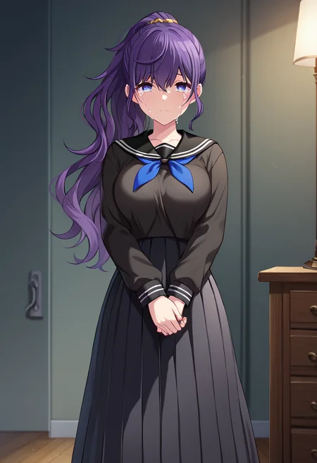 asahina_mafuyu, purple hair, purple eyes, blue eyes, gradient eyes, empty eyes, mossy ponytail, long hair, official art, large breasts, sekai outfit, black sailor collar, black long skirt, pleated skirt, blue neckerchief, black shirt, long sleeves, lifeless face BREAK indoors, bedroom, dark room, dark, night, dark lighting BREAK looking at viewer, crying, crying with open eyes, tears, hugging own body, BREAK score_9, score_8_up, score_7_up, source_anime ,zPDXL, perfect hand,<lora:Asahina_Mafuyu:0.8>,