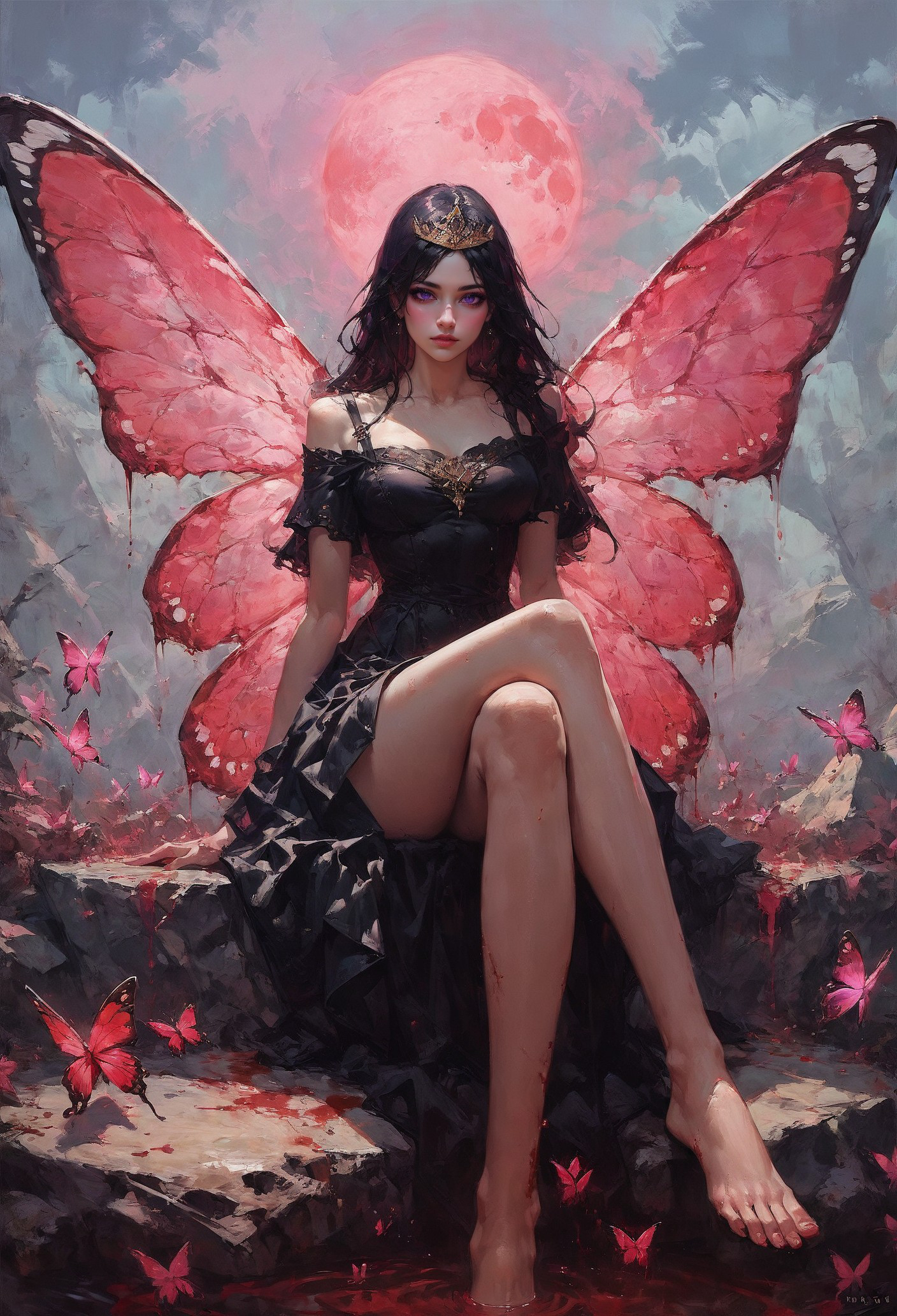 ASCII(score_9, score_8_up:1.1), score_7_up, 1girl, petite, black hair, long hair,  butterfly wings, glossy black skirt, glossy black top, void forest, sitting on rock, crossed legs, red water, magical, golden tiara, blood moon, void  <lora:sdxl\vixon_pony_oil:0.7> <lora:sdxl\Concept Art Eclipse Style LoRA_Pony XL v6:0.5>