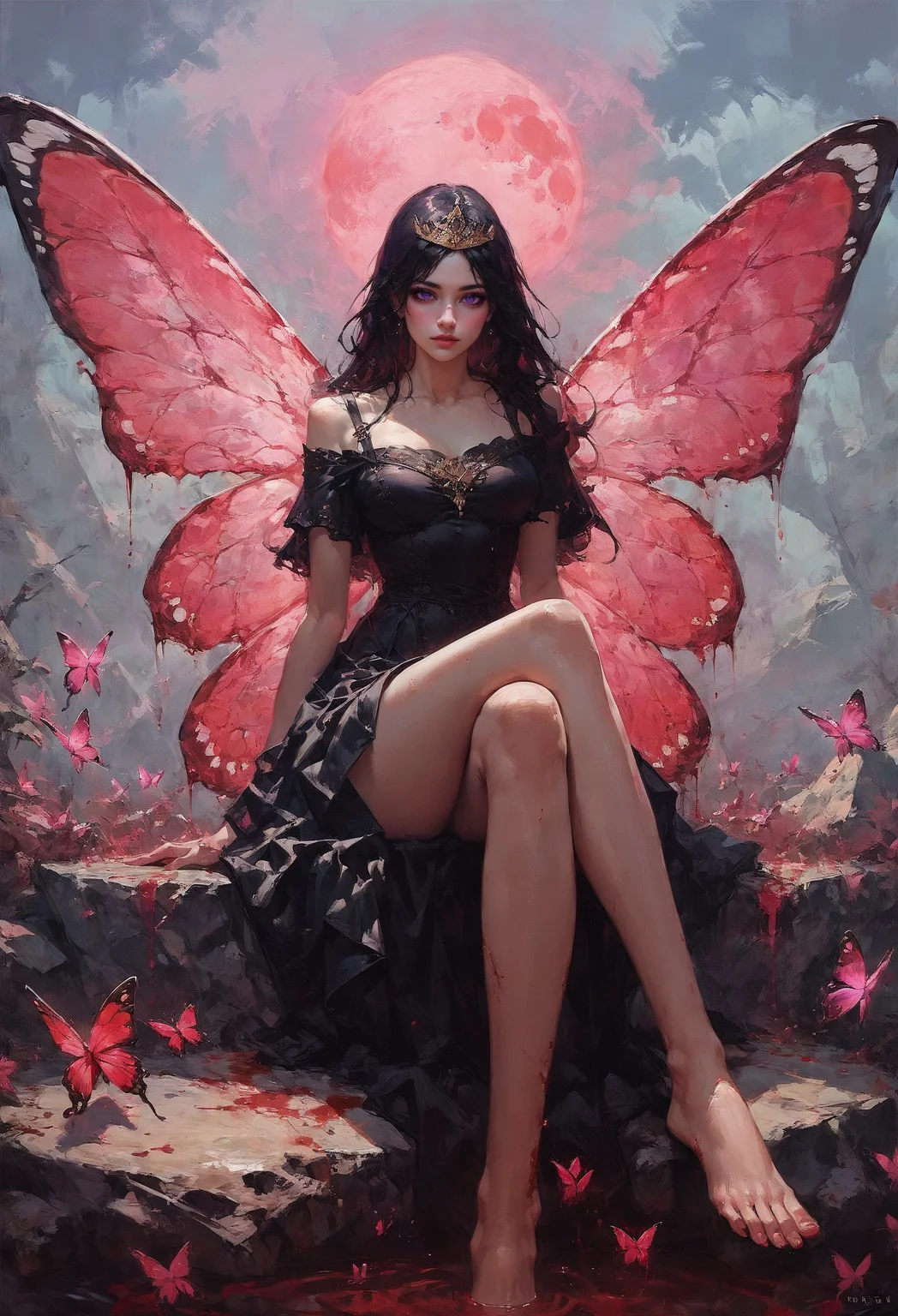 ASCII(score_9, score_8_up:1.1), score_7_up, 1girl, petite, black hair, long hair, butterfly wings, glossy black skirt, glossy black top, void forest, sitting on rock, crossed legs, red water, magical, golden tiara, blood moon, void <lora:sdxl\vixon_pony_oil:0.7> <lora:sdxl\Concept Art Eclipse Style LoRA_Pony XL v6:0.5>