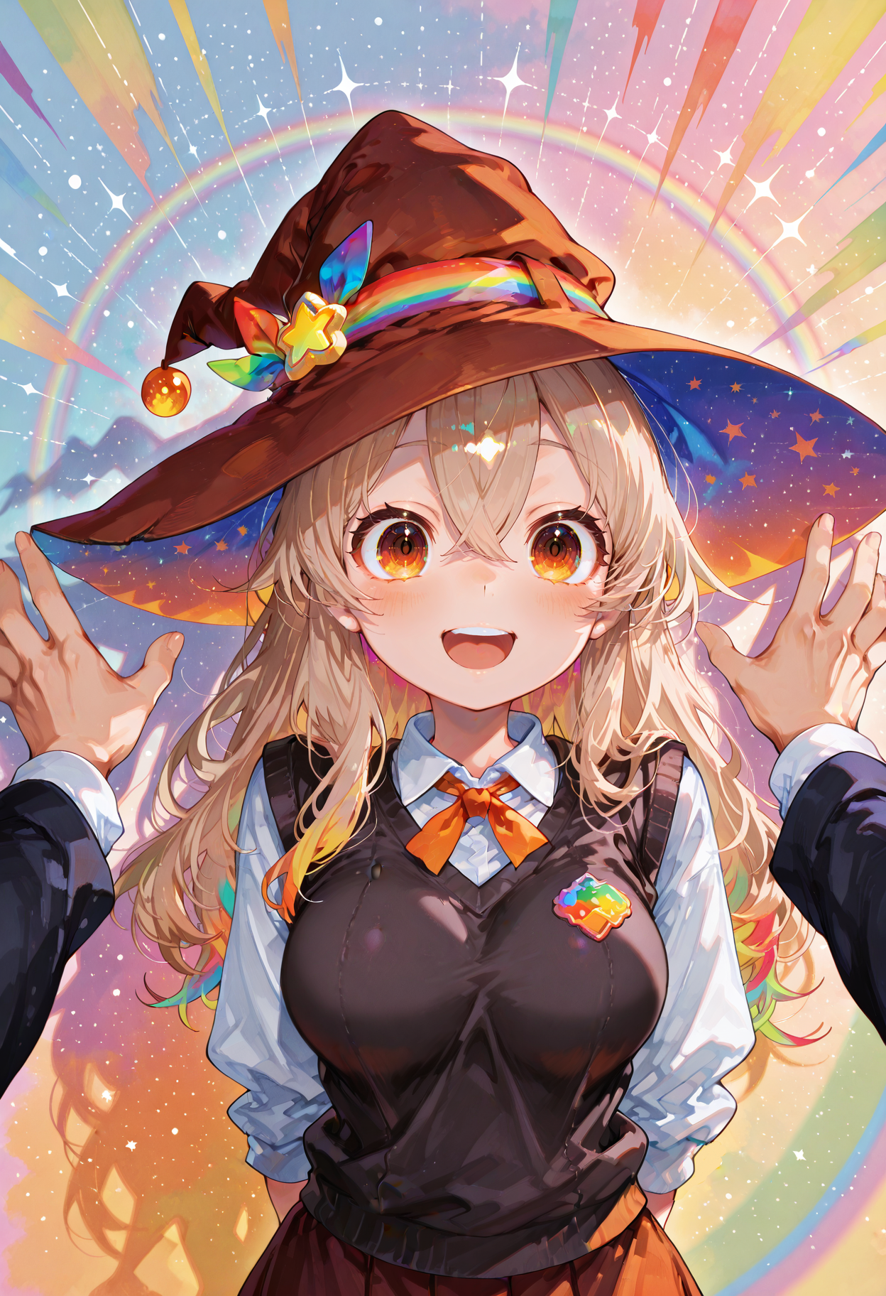 (artist:mika_pikazo:1.1),1girl, solo focus, large breasts, hair between eyes, light brown hair,skirt, sweater vest, amber eyes, rainbow background, witch hat,abstract_background, excited, upper_teeth_only, blush,hands_behind_back, masterpiece, very aesthetic, absurdres,flat color, no lineart, svevsty, povkabedon,