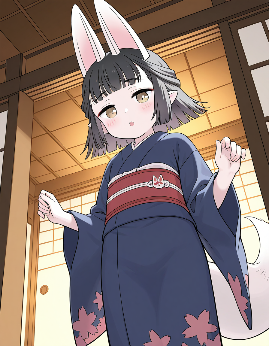 general,highres, ultra-detailed,very aesthetic,best quality ,best hands,  BREAK <lora:Hasaha_IS:1> Hasaha, 1girl,solo, 
1girl, kimono, solo, japanese clothes, animal ears, tail, fox ears, black hair, sash, from below, looking at viewer, blush, obi, pointy ears, fox tail, blue kimono, short hair, yellow eyes, open mouth, bangs, long sleeves, fox girl, wide sleeves, brown eyes, indoors, standing, :o, medium hair, blunt bangs, looking down
Japanese room, tatami,